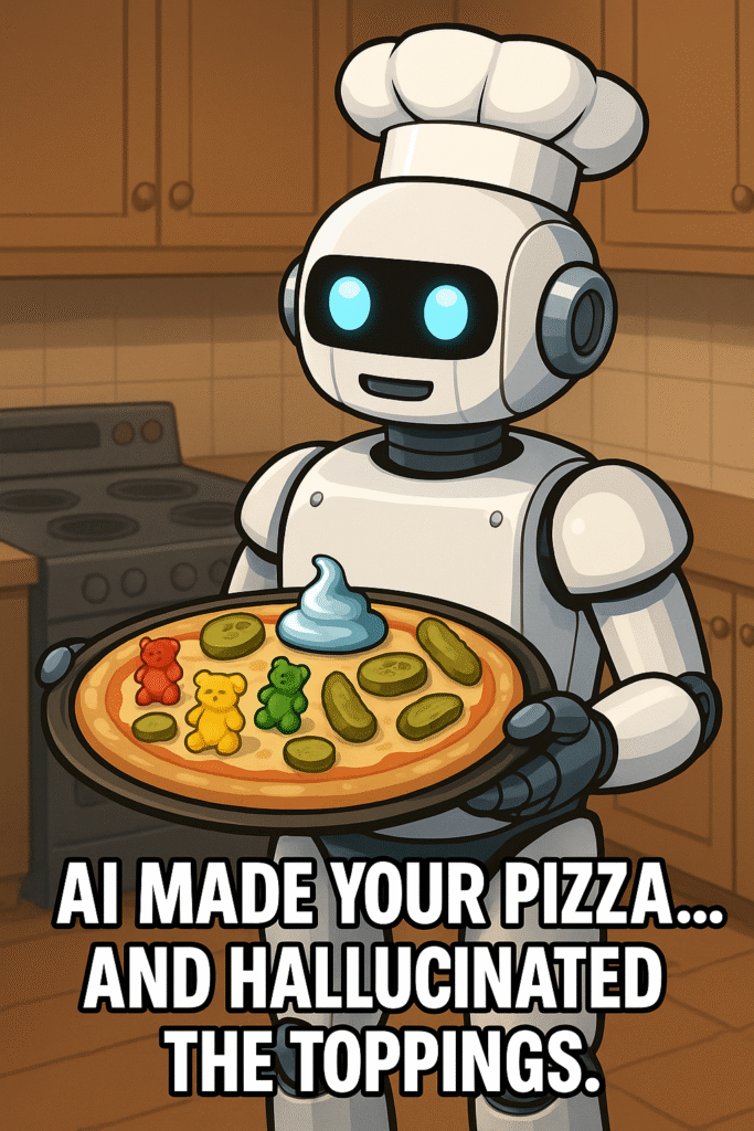 A robot chef in a kitchen confidently holding a pizza that has bizarre toppings: